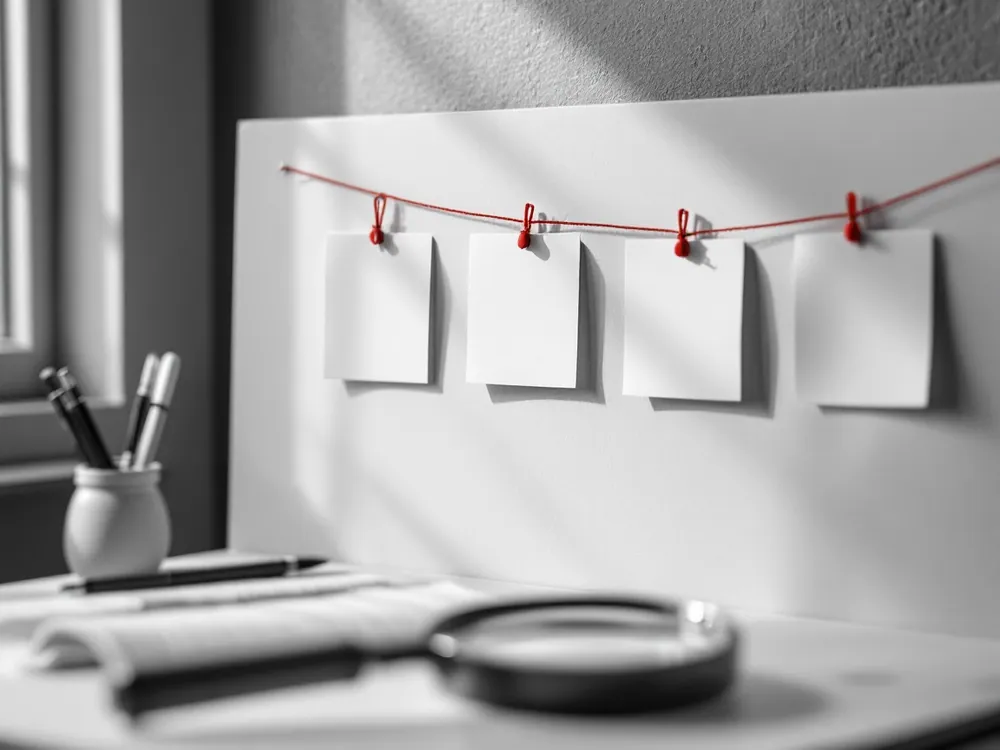 Index cards pinned in a row and joined by one vermilion thread, like a paper trail