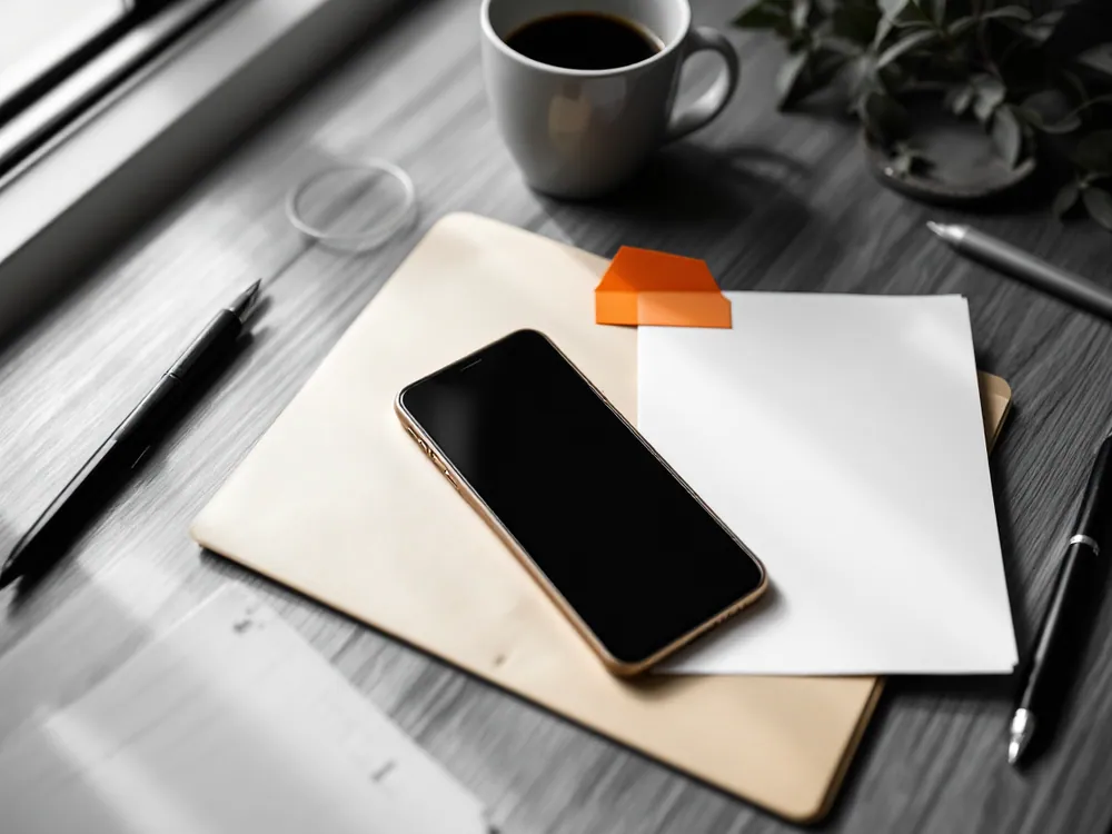 Phone with abstract chat bubbles lying on a closed folder marked with a vermilion warning tab