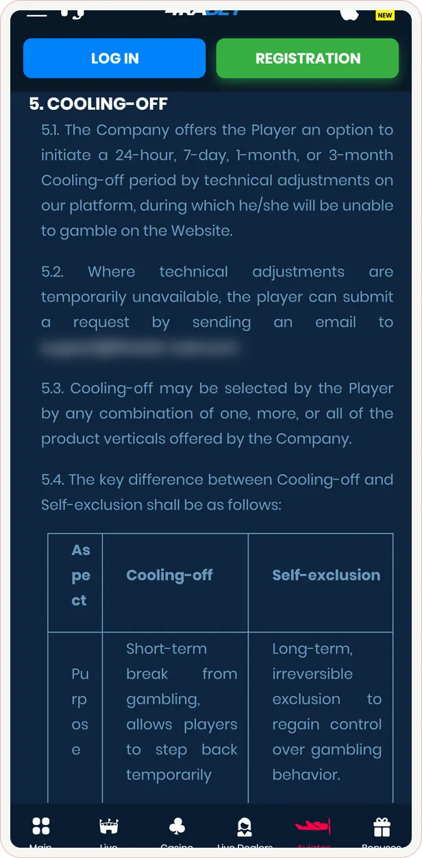 4rabet Responsible Gaming Policy listing cooling-off periods and self-exclusion
