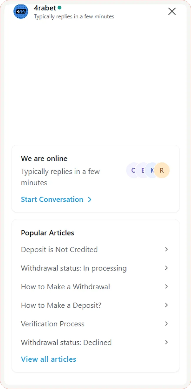 4rabet support chat window inside the site, marked online, with help articles